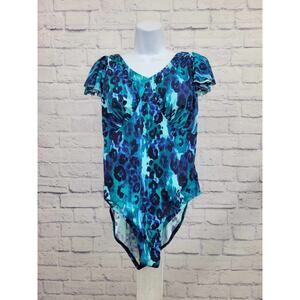 10R BLUE ANIMAL A392811 Denim & Co. Beach Draped Ruffle Sleeve One-Piece